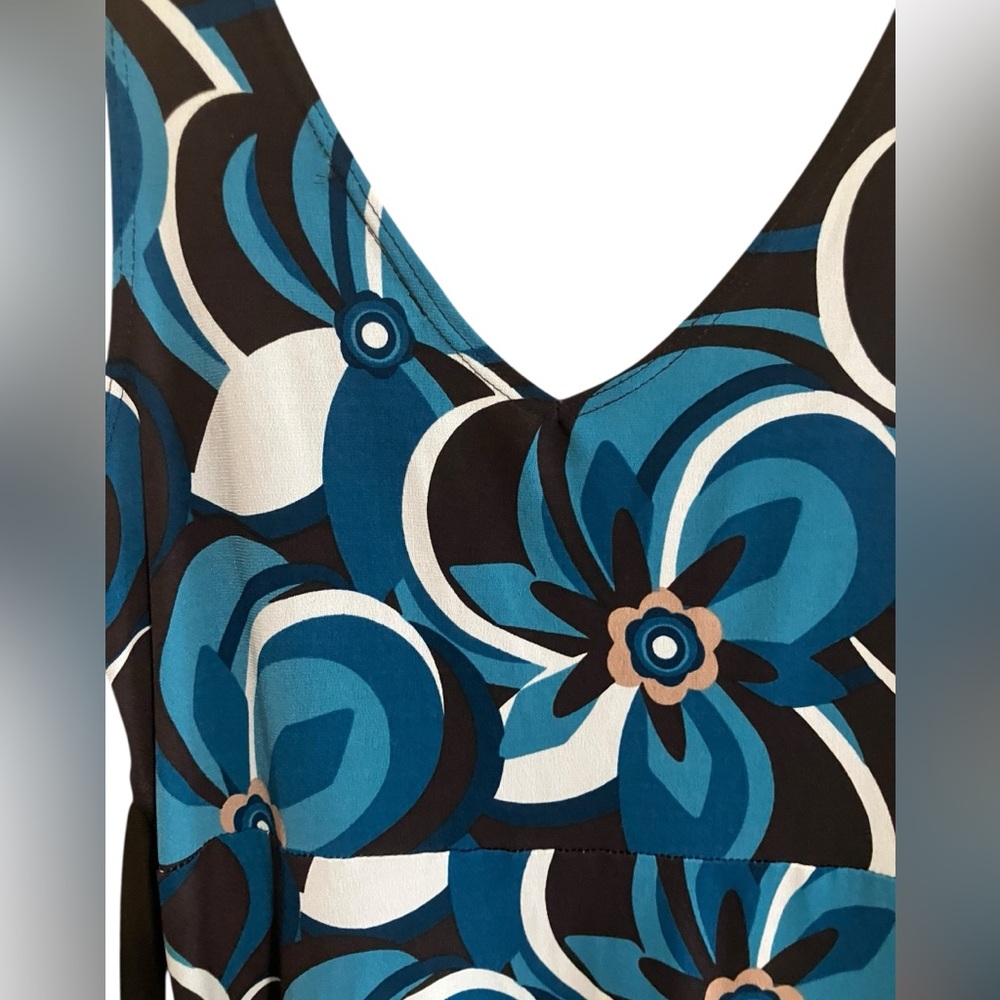 Y2K Blouse Top Dress IZ Byer Geometric Blue Brown Back Tie Button‎ Detail Small - Picture 5 of 11